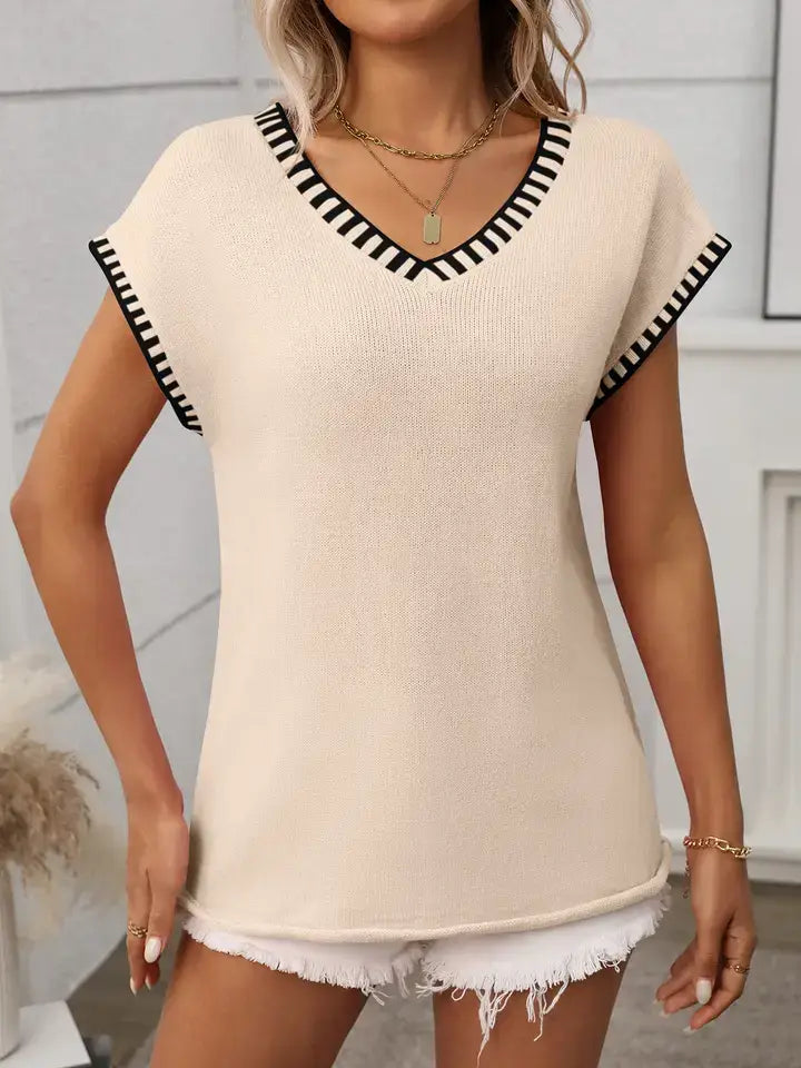 V Neck Cape Sleeve Knit Top Lightweight Summer Sweater