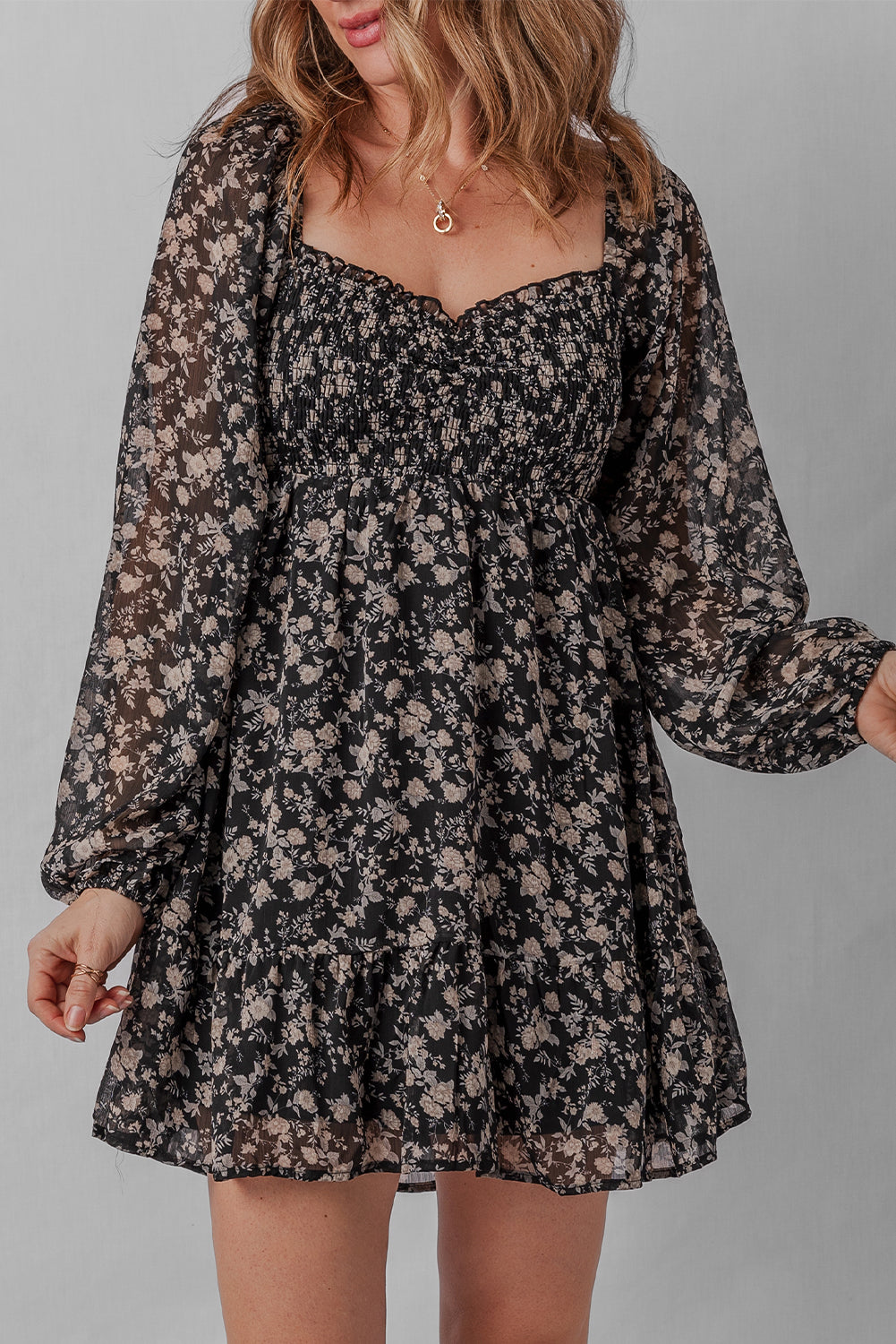 Black Floral Long Sleeve Frilly Shirred Square Neck Mini Dress