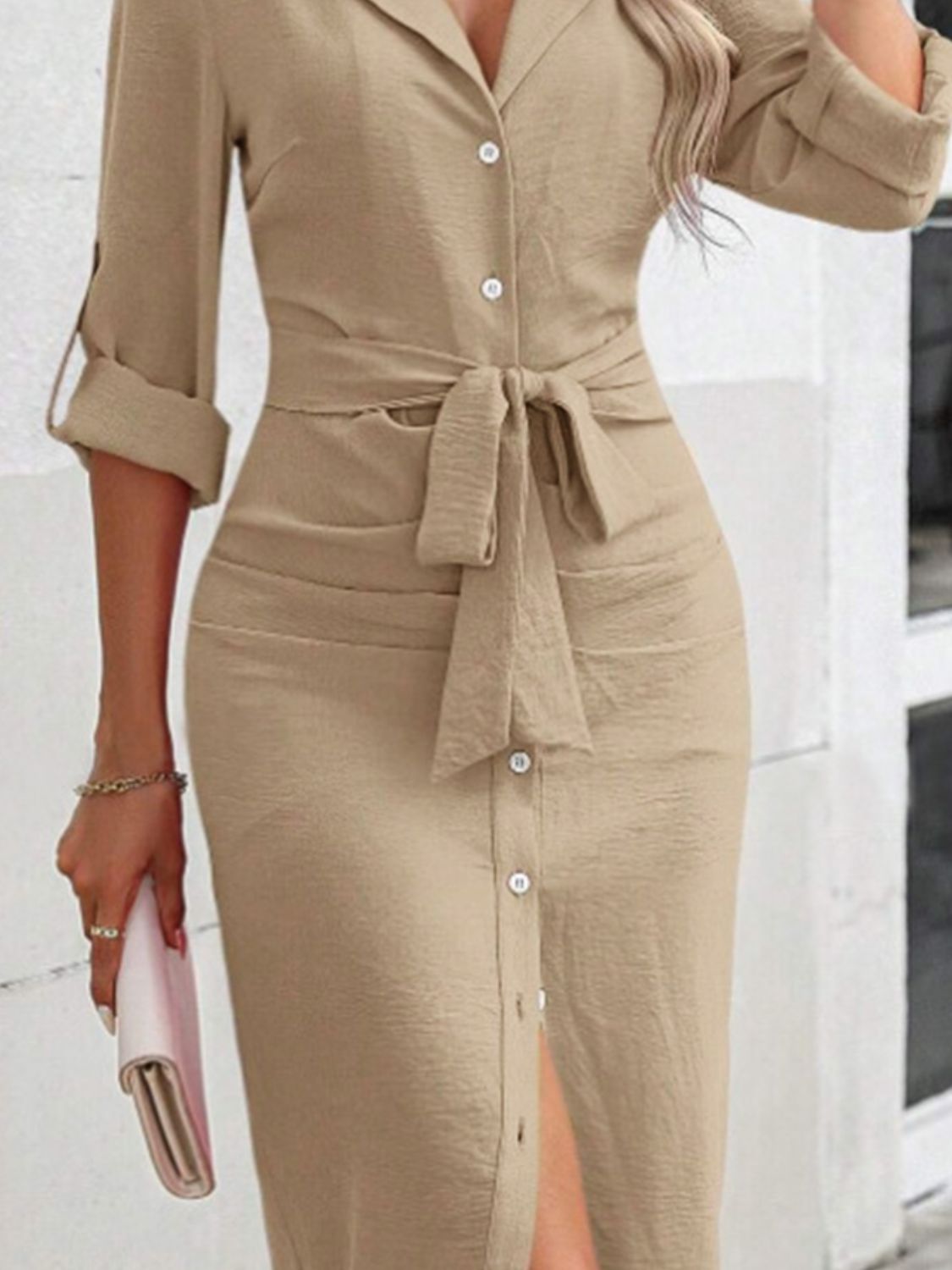 Button Up Collared Neck Roll-Tab Sleeve Dress