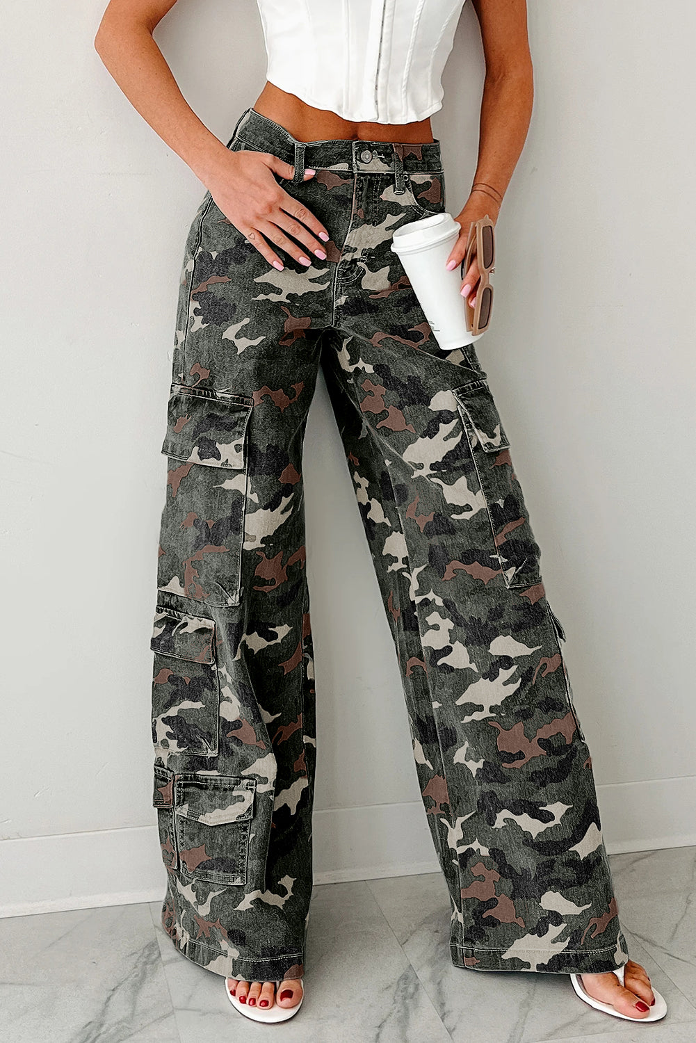 Green Camo Multi Pocket Cargo Wide Leg Jeans