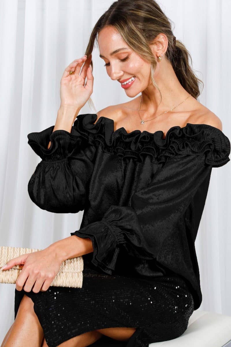 Pleated Ruffle Off-The-Shoulder Metallic Blouse