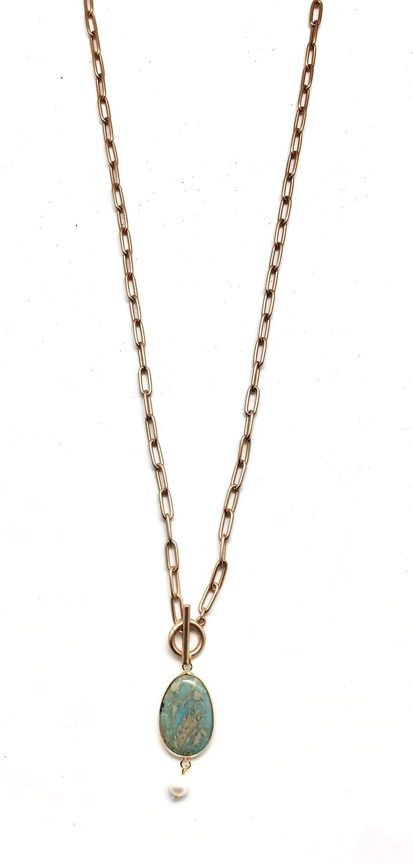 Gold PaperClip Jasperw/Freshwater Pearlw/Toggle33”