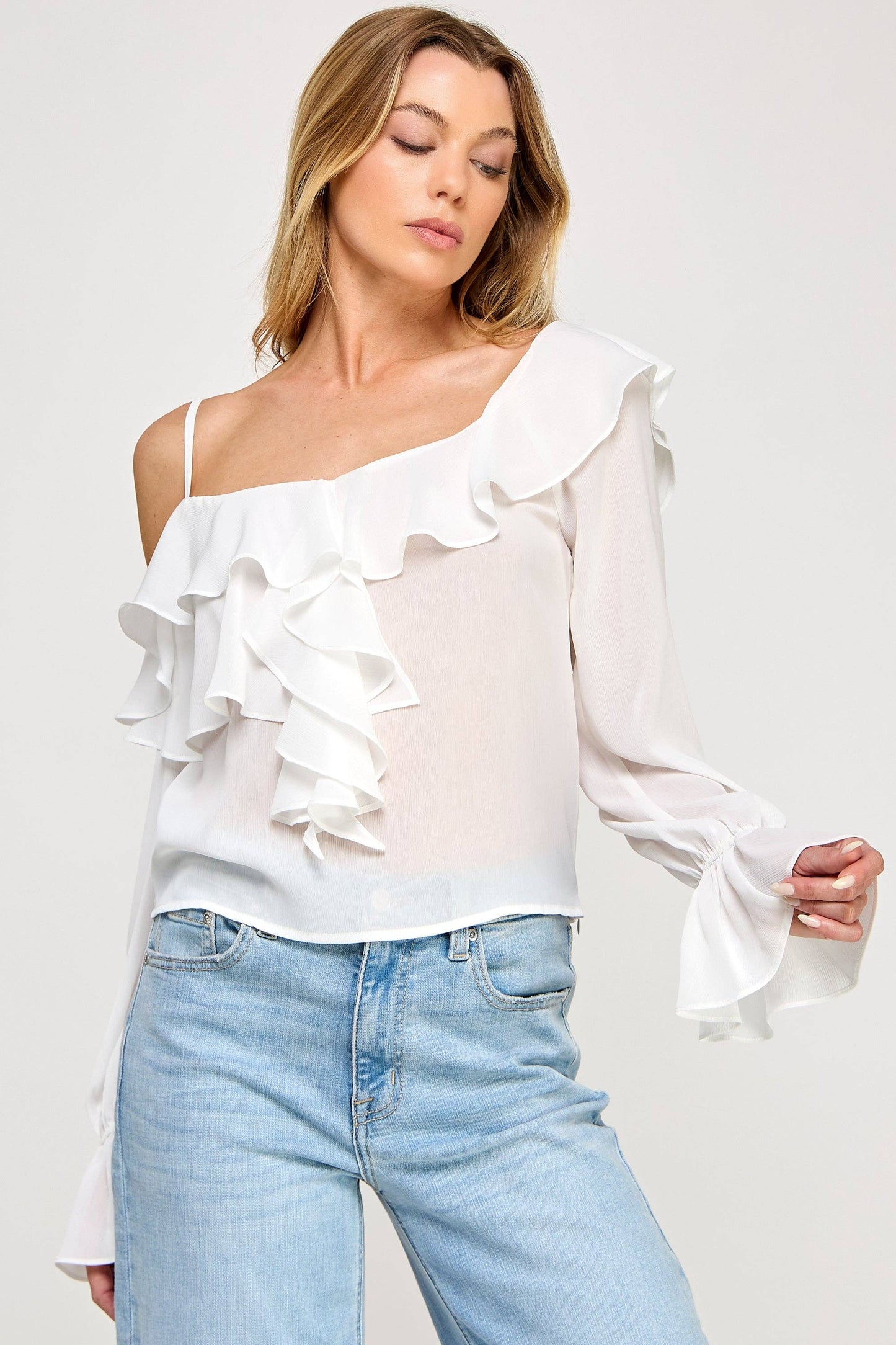 Ava Long Sleeve Top - Off Shoulder Ruffle Sheer