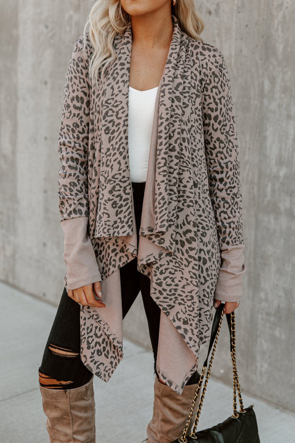 Long Cardigan Cheetah Print Cowl Neck Open Front