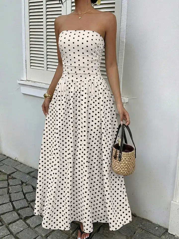 Polka Dot Strapless Maxi Dress Resort Vacation Sundress