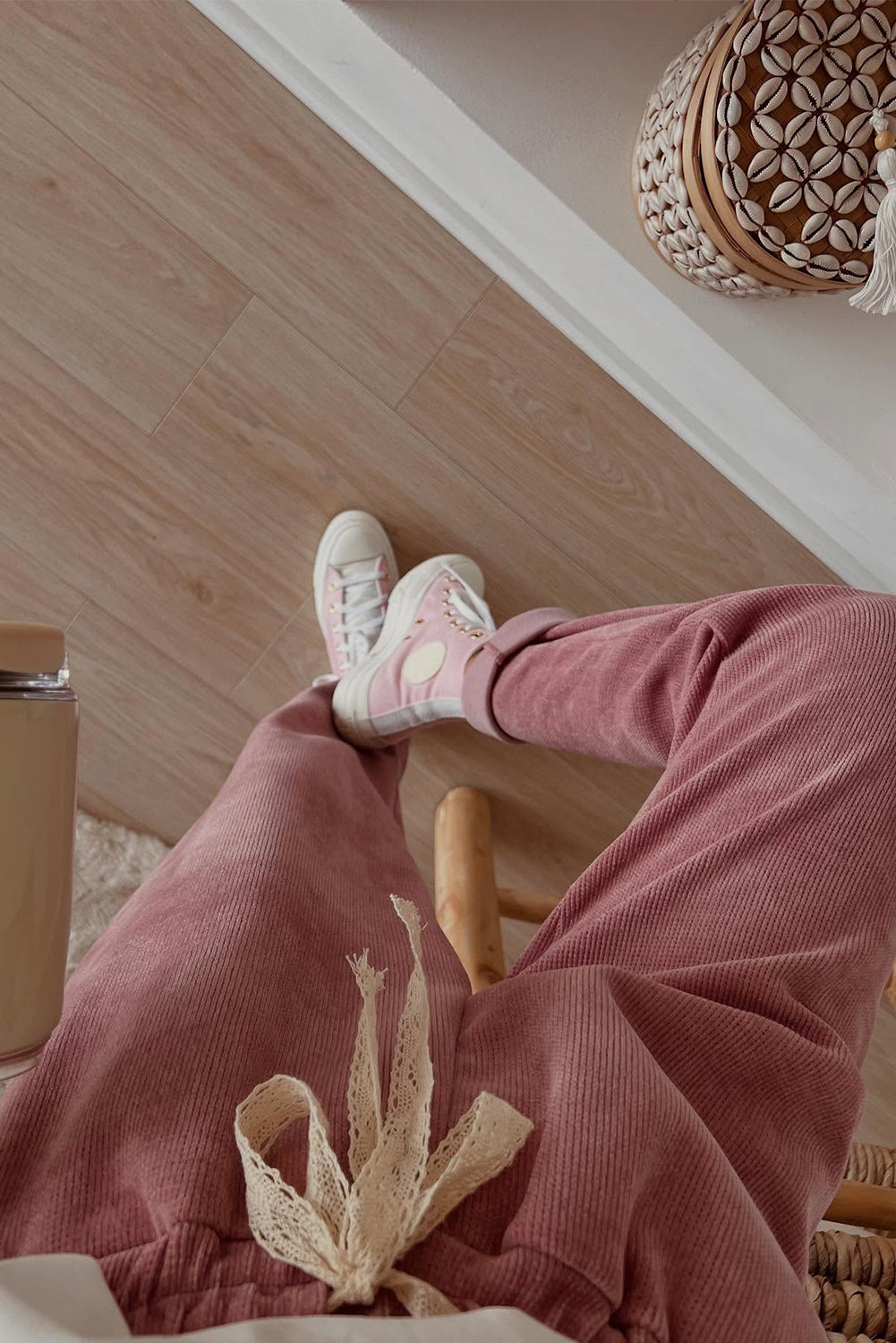 Smoke Gray Drawstring Pullover Hoodie and High Waist Pants Corduroy Suit