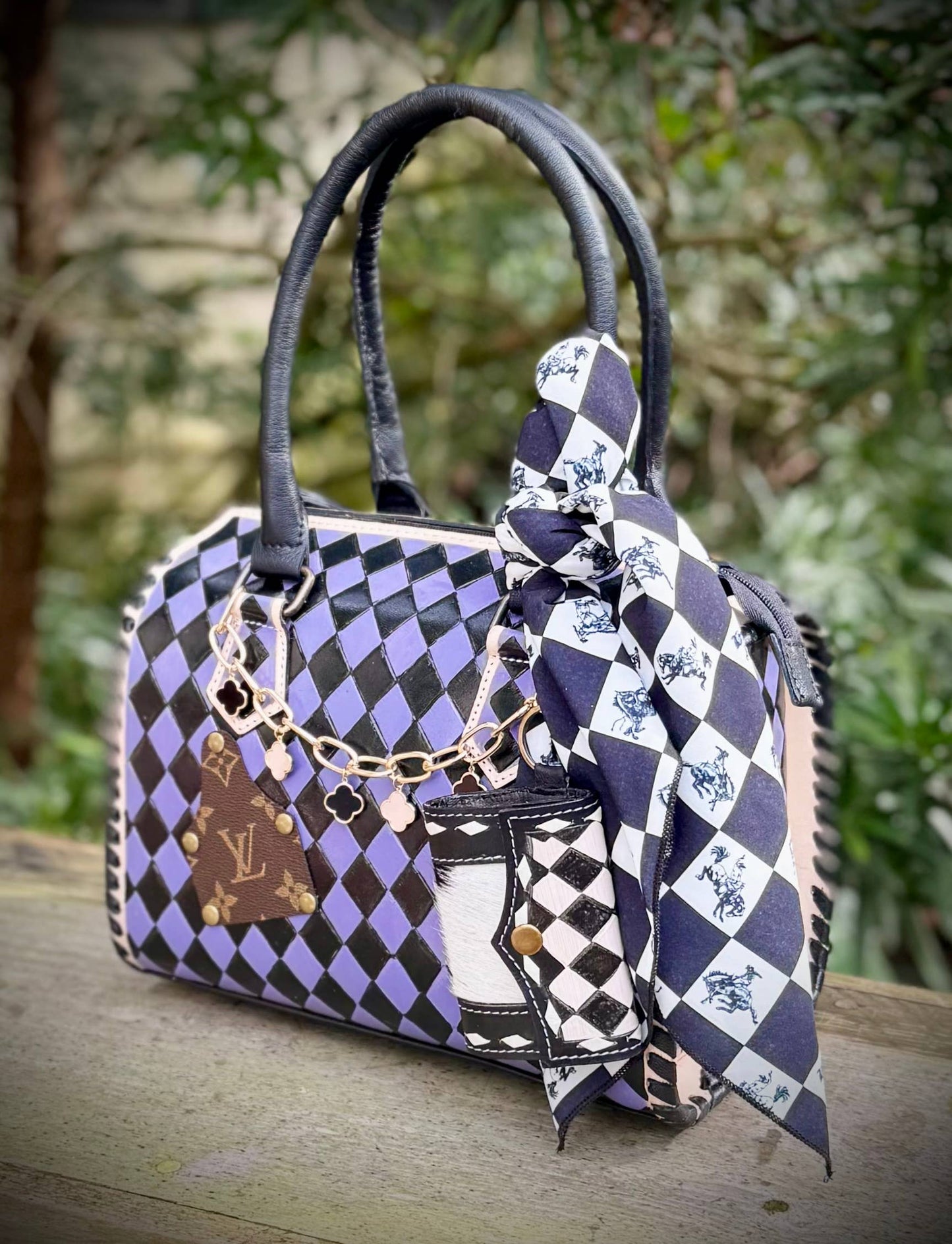 Upcycled LV Black Purple Leather Checkered Speedy Bag 