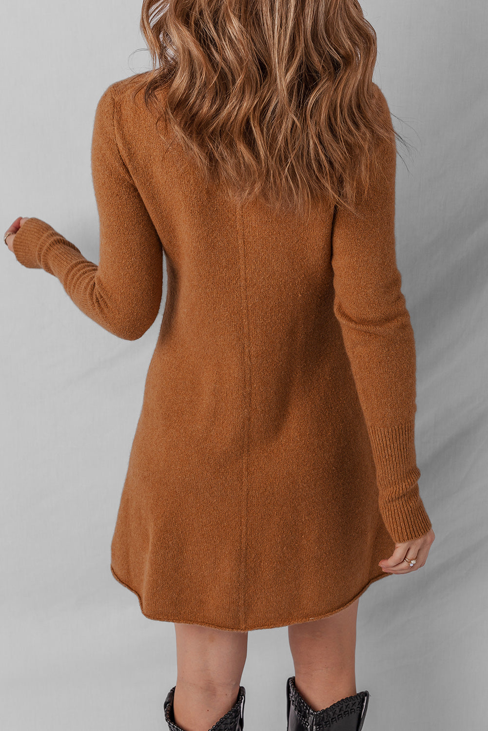 Straw Yellow Ribbed Detail Solid Color Mini Sweater Dress