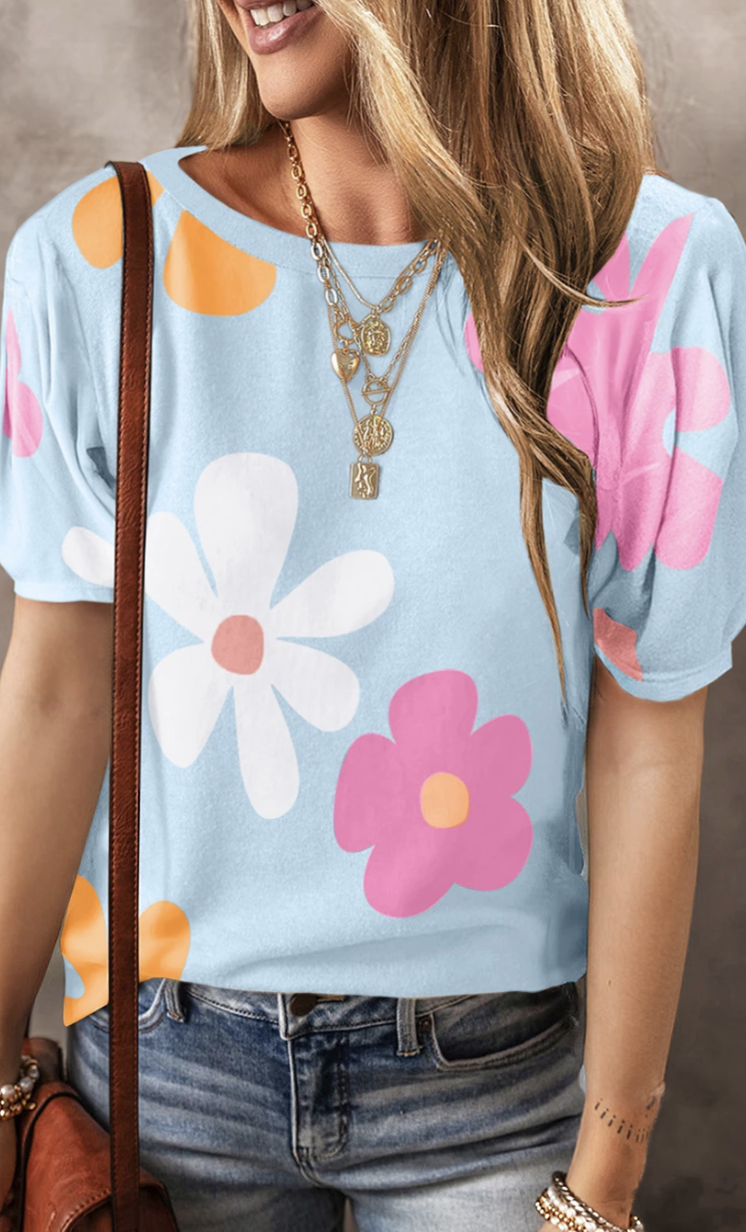 Flower Print Bubble Sleeve Tee