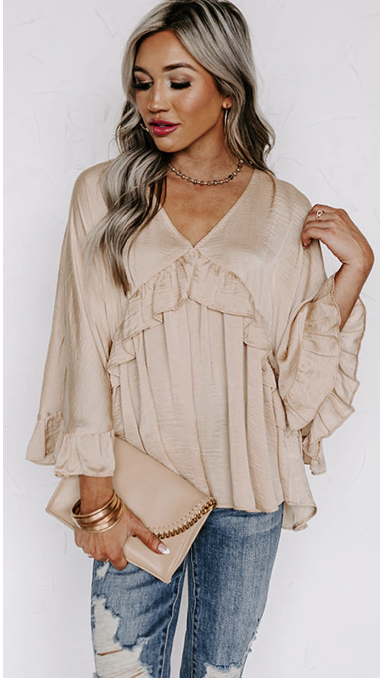 V Neck Draped Batwing Sleeve Ruffle Top