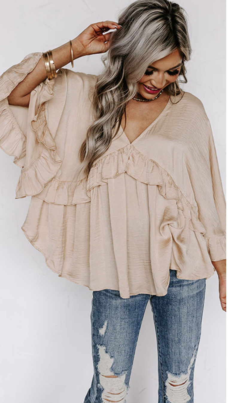 V Neck Draped Batwing Sleeve Ruffle Top