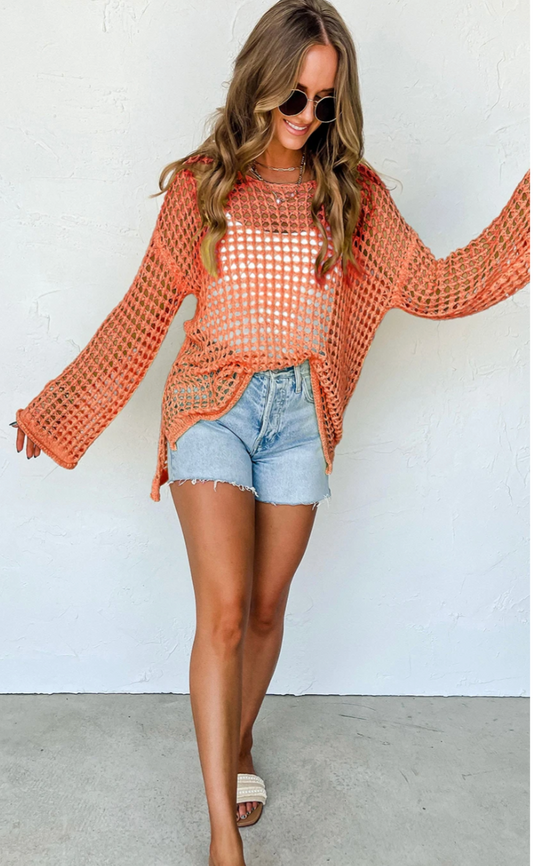 Orange Knit Cut Out Crochet Long Sleeve Tunic