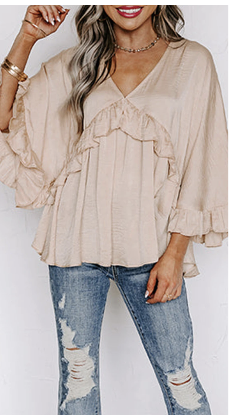 V Neck Draped Batwing Sleeve Ruffle Top