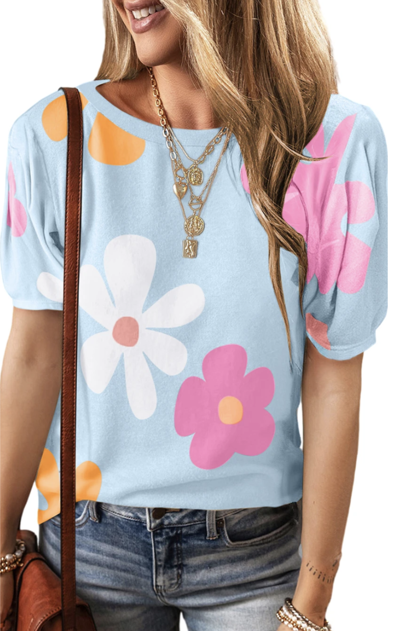 Flower Print Bubble Sleeve Tee