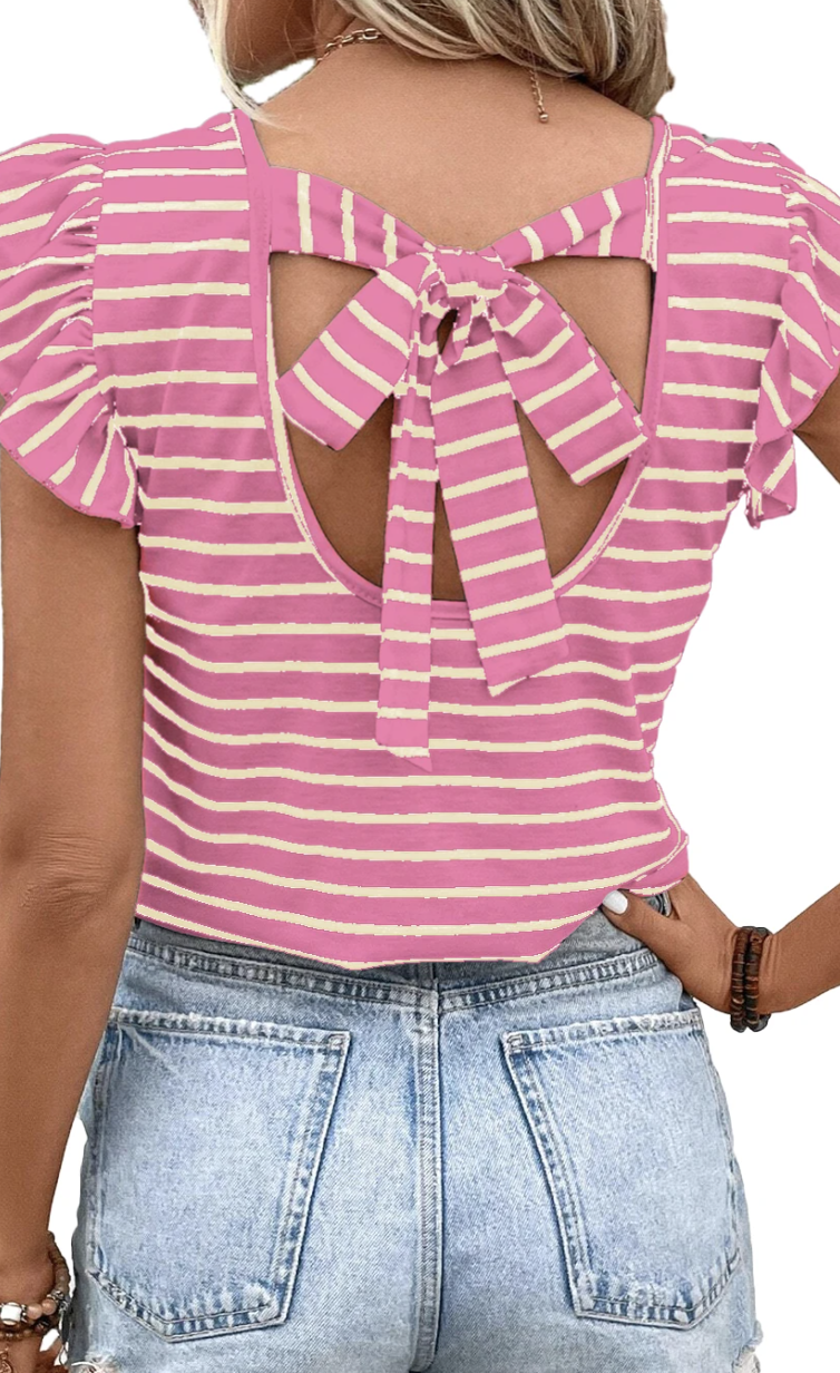 V Neck Knotted Backless Ruffle T Shirt Pink Stripe