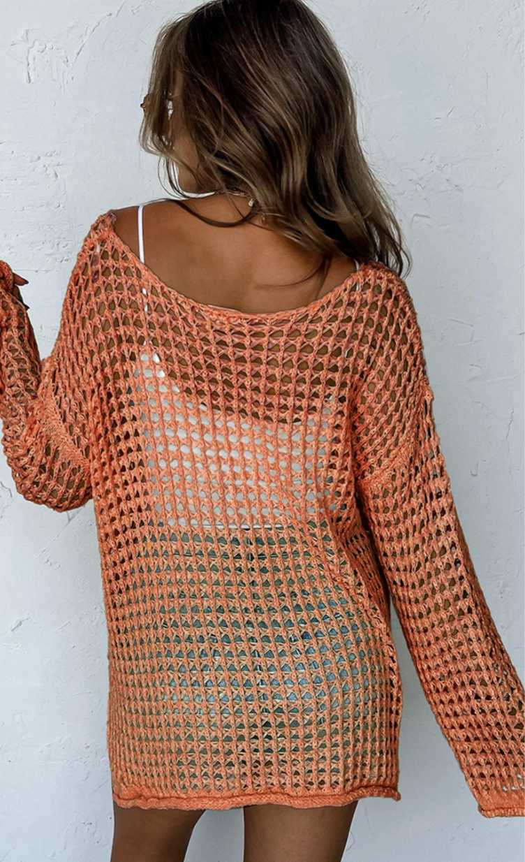 Orange Knit Cut Out Crochet Long Sleeve Tunic