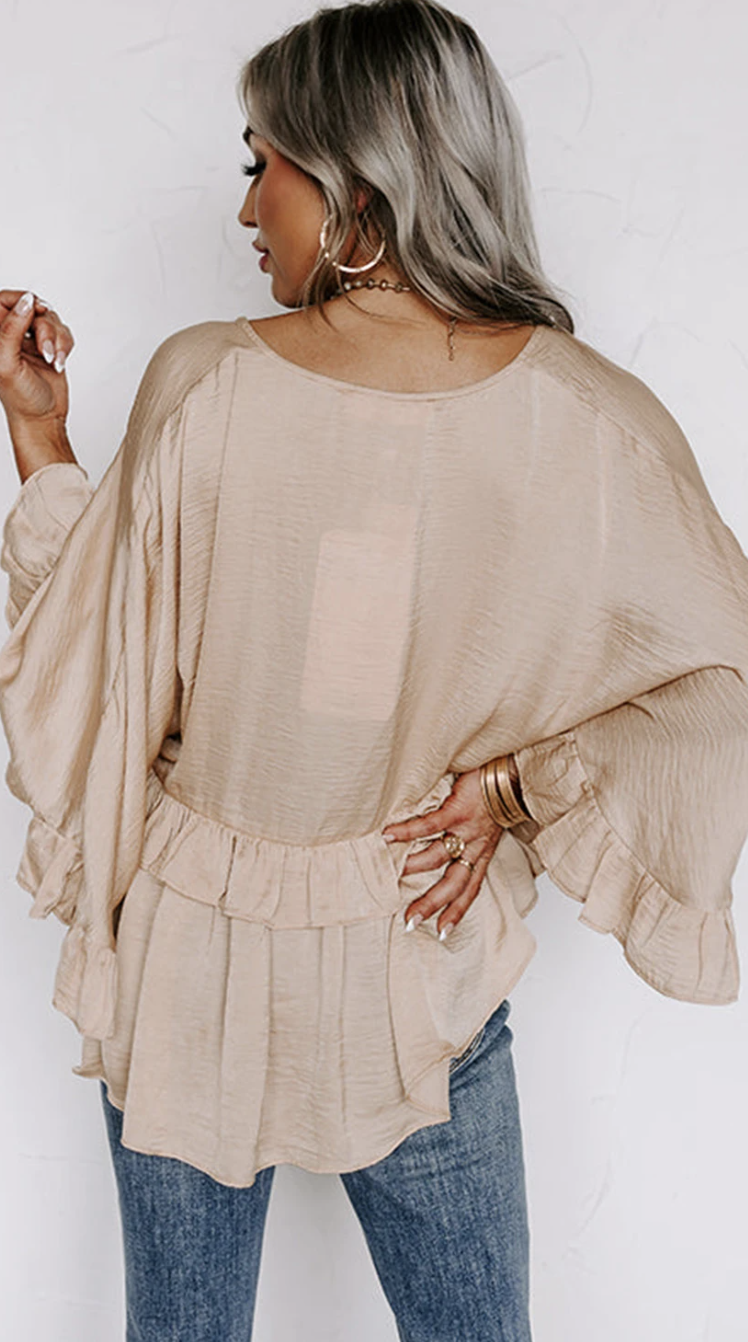 V Neck Draped Batwing Sleeve Ruffle Top