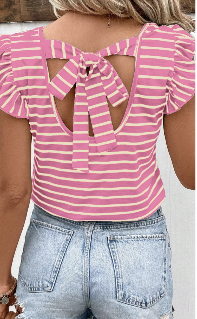 V Neck Knotted Backless Ruffle T Shirt Pink Stripe